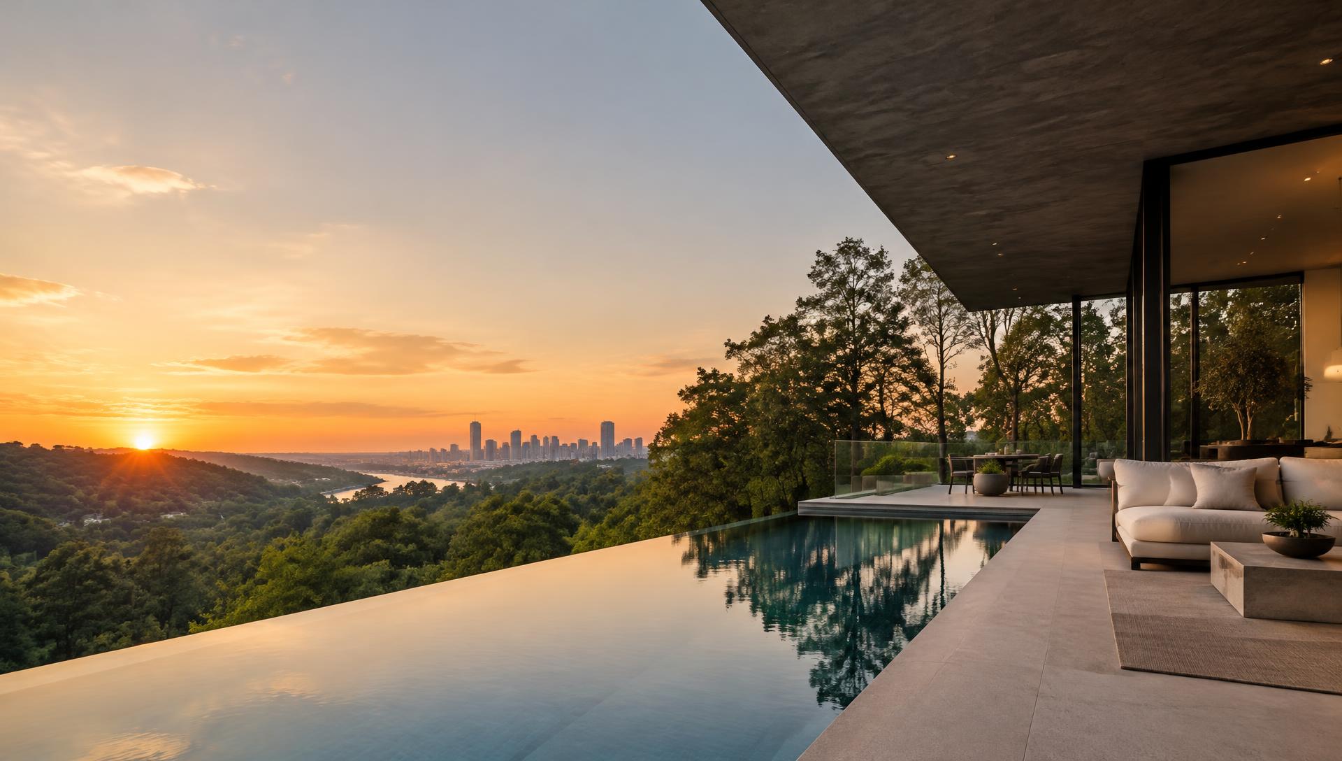 Luxury Austin terrace with a pool overlooking the skyline at sunset