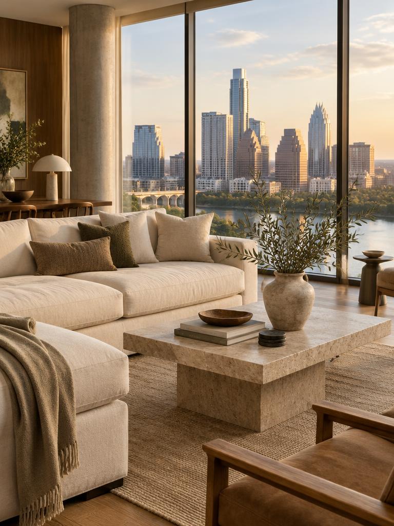 Elegant furnished living room overlooking downtown Austin