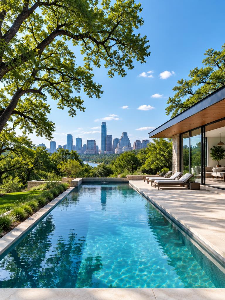 Contemporary Austin home with a pool and green landscaping