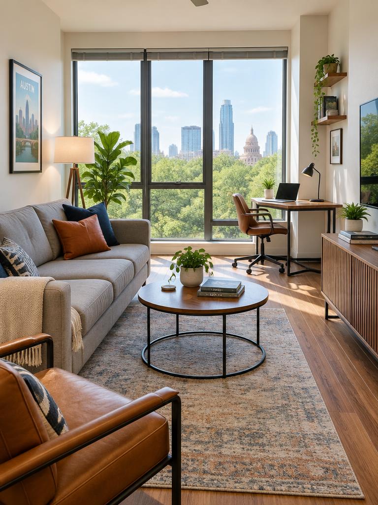 Furnished mid-term rental living space with a workspace in Austin